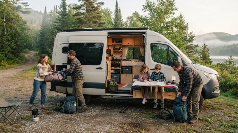 Famille préparant un voyage en fourgon avec des enfants